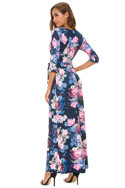 Rochie moderna de dama cu decolteu in V si motive florale