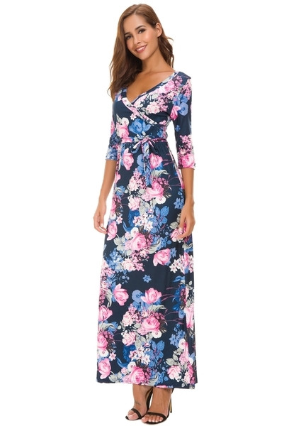 Rochie moderna de dama cu decolteu in V si motive florale