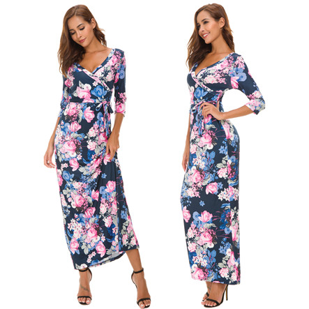 Rochie moderna de dama cu decolteu in V si motive florale