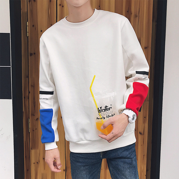 Férfi pulóver színes elemekkel és O-alakú gallérral fehér és fekete színben