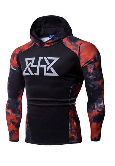 Hanorac pentru bărbați cu aplicație și glugă în albastru și roșu