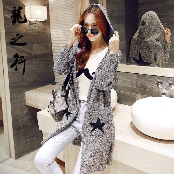 Cardigan lung modern de damă, cu glugă și imprimeu