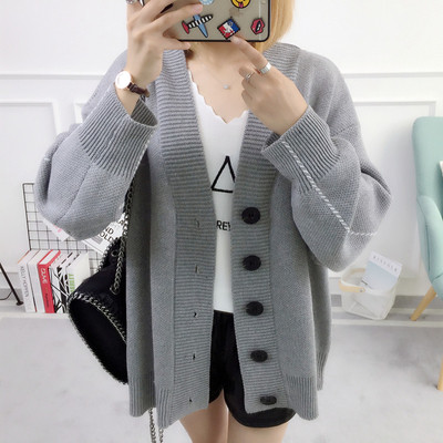 Γυναικεία φαρδιά ζακέτα με ντεκολτέ σε σχήμα V σε λευκό και γκρι χρώμα