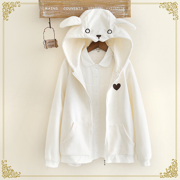 Νέο παχύ γυναικείο φούτερ  με κουκούλα και αυτιά σε λευκό και μαύρο χρώμα