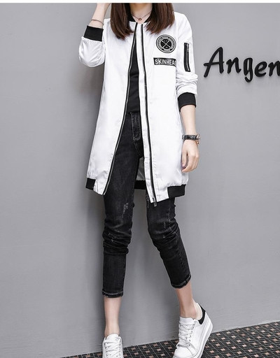 Дълго дамско яке за есента в зелен,бял и черен цвят