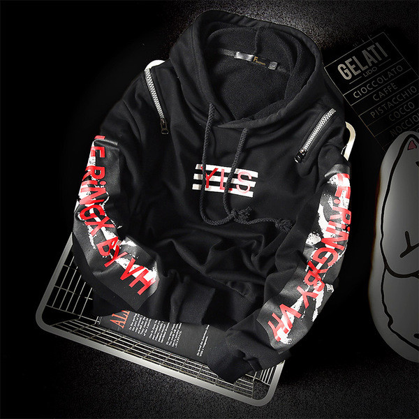 Hanorac casual pentru bărbați, negru, cu aplicație și fermoar