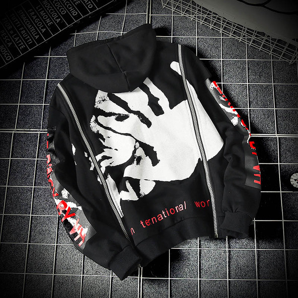 Hanorac casual pentru bărbați, negru, cu aplicație și fermoar