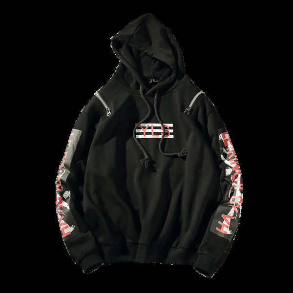 Hanorac casual pentru bărbați, negru, cu aplicație și fermoar