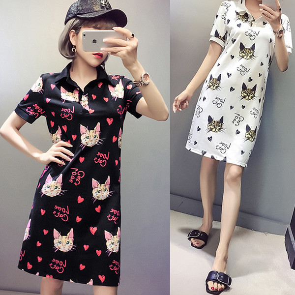 Alkalmi női ruha rövid ujjú, színes rátéttel - macskák két színben