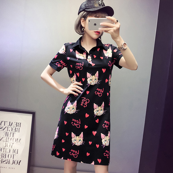 Alkalmi női ruha rövid ujjú, színes rátéttel - macskák két színben