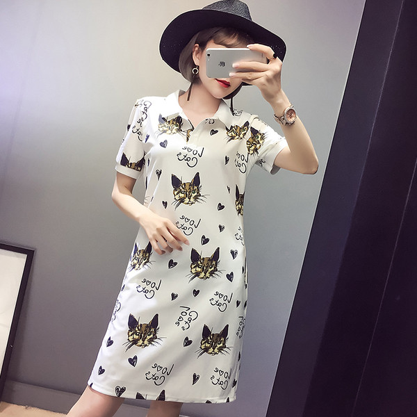 Alkalmi női ruha rövid ujjú, színes rátéttel - macskák két színben