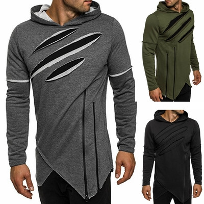Men`s modern sweatshirt with torn motifs and zipper in three colors