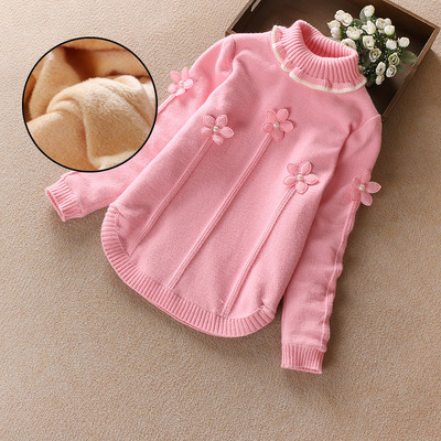 Детски плътен пуловер за момичета с 3D цветя и висока яка в няколко цвята