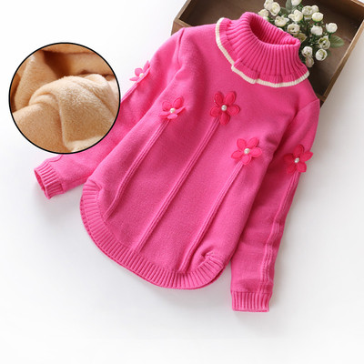 Детски плътен пуловер за момичета с 3D цветя и висока яка в няколко цвята