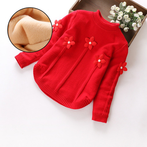 Детски плътен пуловер за момичета с 3D цветя и висока яка в няколко цвята