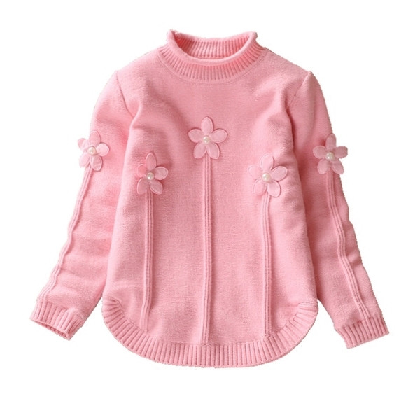 Детски плътен пуловер за момичета с 3D цветя и висока яка в няколко цвята