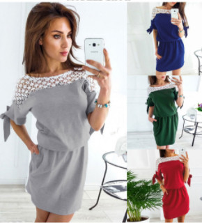 Ежедневна дамска рокля в няколко цвята  с елемент -дантела 