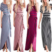 Ежедневна  раирана дамска рокля дълъг модел с цепка в няколко цвята