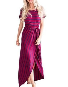 Ежедневна  раирана дамска рокля дълъг модел с цепка в няколко цвята