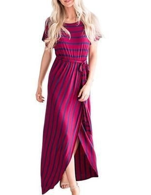 Ежедневна  раирана дамска рокля дълъг модел с цепка в няколко цвята 