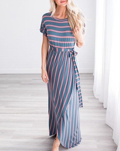 Ежедневна  раирана дамска рокля дълъг модел с цепка в няколко цвята