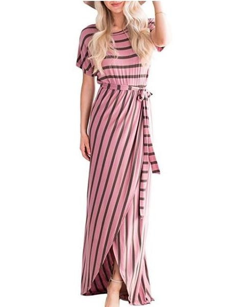 Ежедневна  раирана дамска рокля дълъг модел с цепка в няколко цвята 