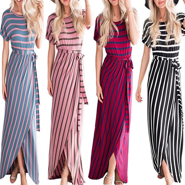 Ежедневна  раирана дамска рокля дълъг модел с цепка в няколко цвята 