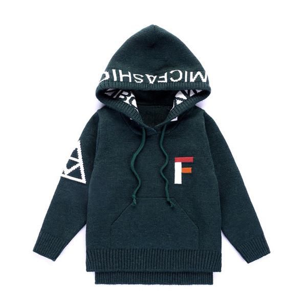Плътен детски суичър с качулка и надписи в два цвята