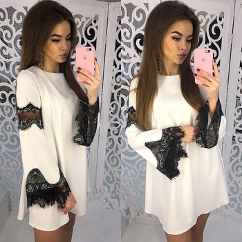 Модерна дамска рокля широк модел с елемент дантела на ръкава в няколко цвята