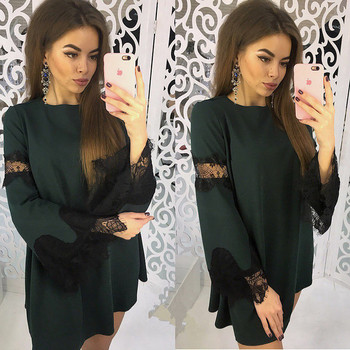 Модерна дамска рокля широк модел с елемент дантела на ръкава в няколко цвята