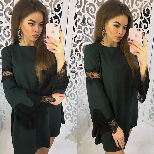 Модерна дамска рокля широк модел с елемент дантела на ръкава в няколко цвята 