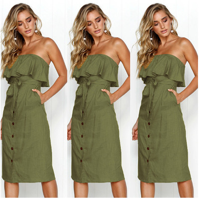 ХИТ Дамска рокля без презрамки с декорация копчета в няколко цвята