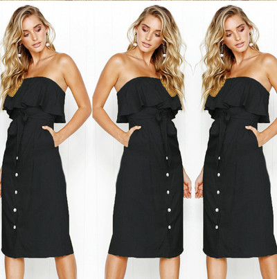 ХИТ Дамска рокля без презрамки с декорация копчета в няколко цвята