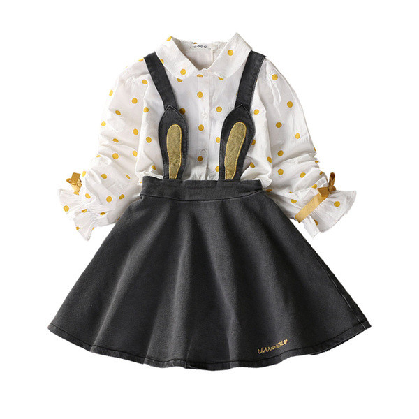 Детски комплект за момичета - пола с тиранти и риза на точки