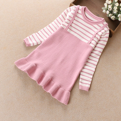 Детска рокля за момичета с О-образна яка - райе