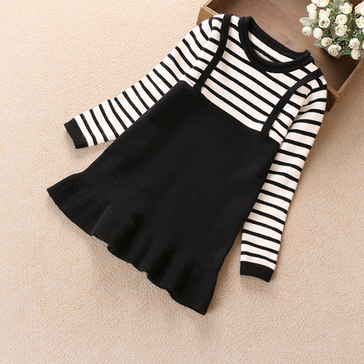 Детска рокля за момичета с О-образна яка - райе