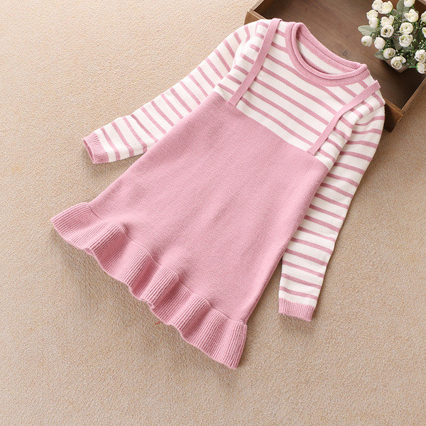 Детска рокля за момичета с О-образна яка - райе