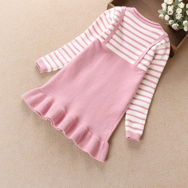 Детска рокля за момичета с О-образна яка - райе