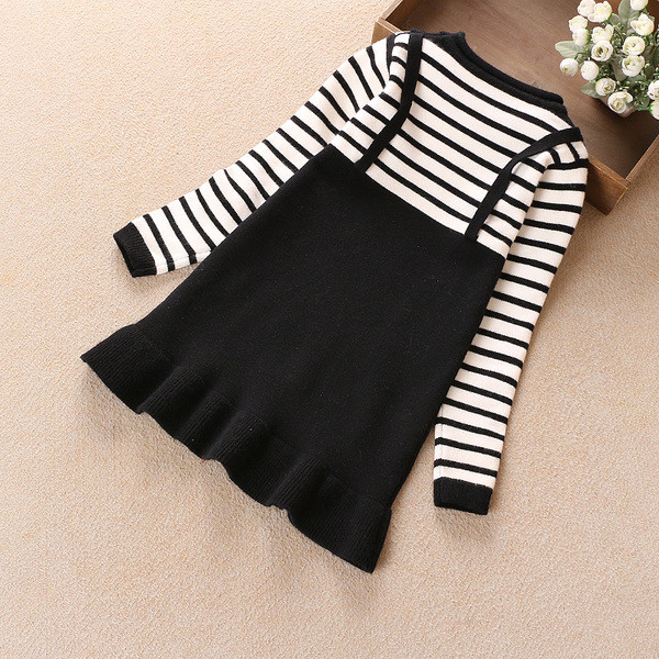 Детска рокля за момичета с О-образна яка - райе