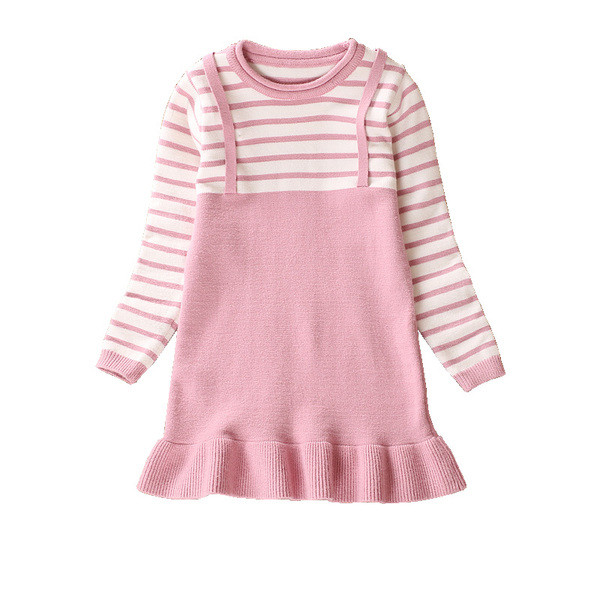 Детска рокля за момичета с О-образна яка - райе