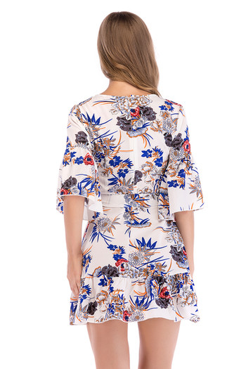 Стилна дамска асиметрична  рокля с лотос ръкав и флорални мотиви