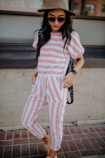 Ежедневен дамски раиран  гащеризон с къс ръкав в няколко цвята