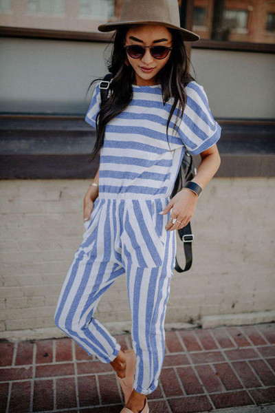 Ежедневен дамски раиран  гащеризон с къс ръкав в няколко цвята