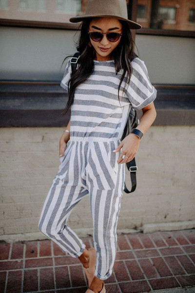 Ежедневен дамски раиран  гащеризон с къс ръкав в няколко цвята