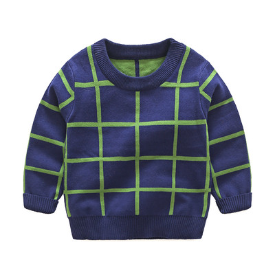 Кариран детски пуловер за момче в син и червен цвят
