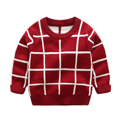 Кариран детски пуловер за момче в син и червен цвят