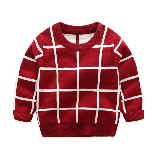 Кариран детски пуловер за момче в син и червен цвят