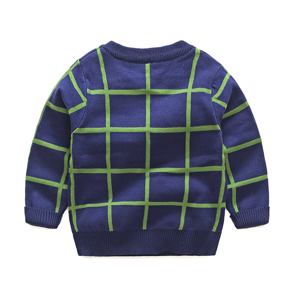Кариран детски пуловер за момче в син и червен цвят