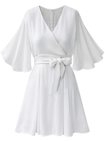 Стилна дамска рокля с V-образно деколте и лотос ръкав в два цвята