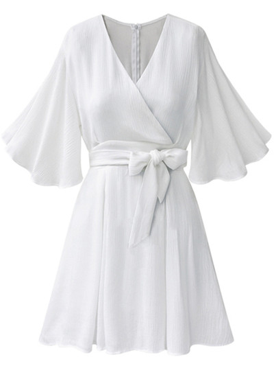 Стилна дамска рокля с V-образно деколте и лотос ръкав в два цвята